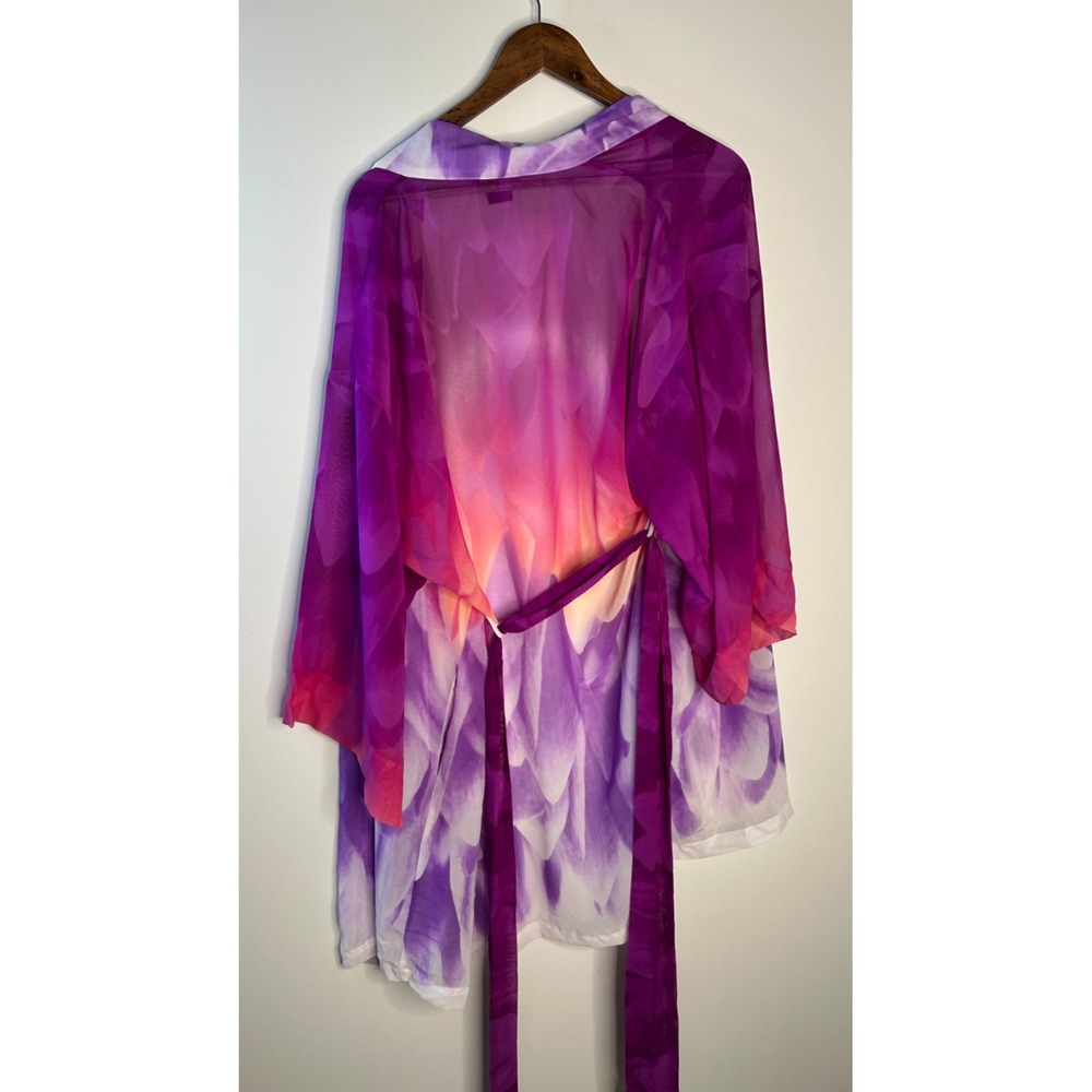 Natori Floral Watercolor Sheer Chiffon Kimono Robe Purple Tie Pockets Medium - Picture 7 of 11